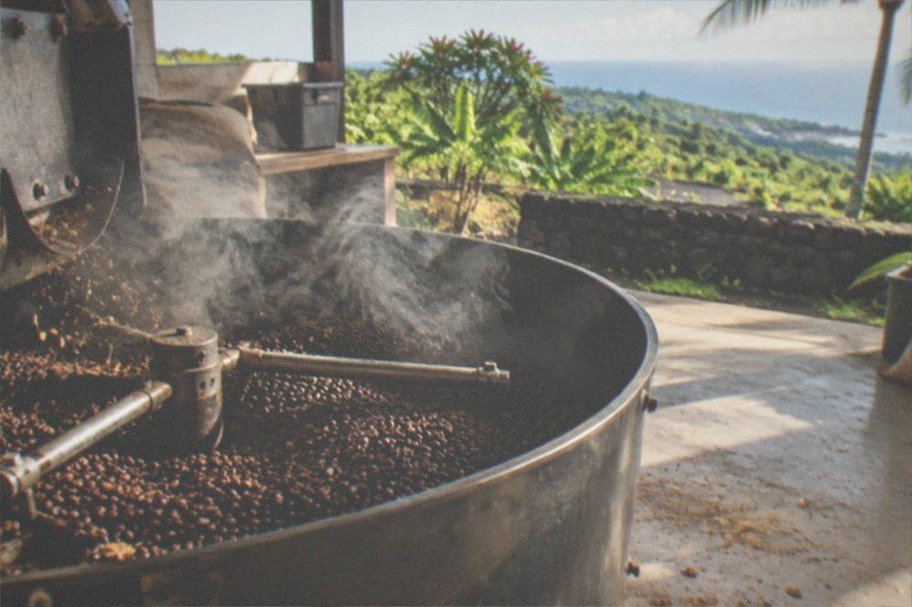 Freshly roasted Kona beans cooling in a metal drum at a farm roastery