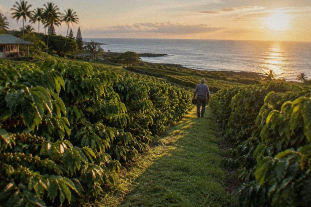 Coffee trees in neat rows on a sloped Kona farm with an ocean view