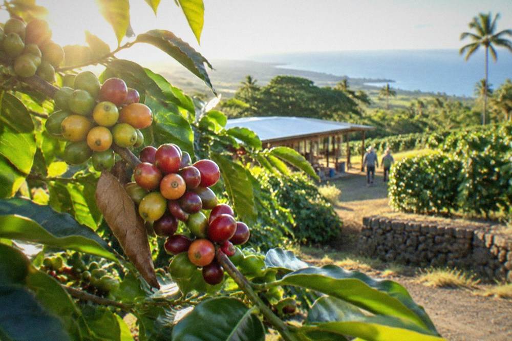 Coffee cherries at several stages of ripeness on a branch, green and red fruit mixed